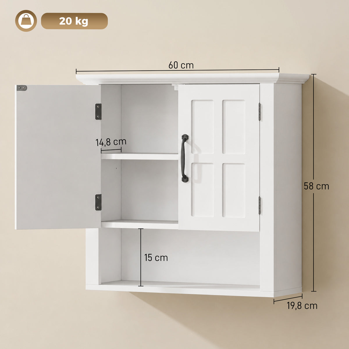 Armoire Haute Murale de Salle de Bain ou WC Placard 2 Portes 2 étagères Niche dim. 60L x 20l x 58H cm MDF Panneaux Particules Blanc