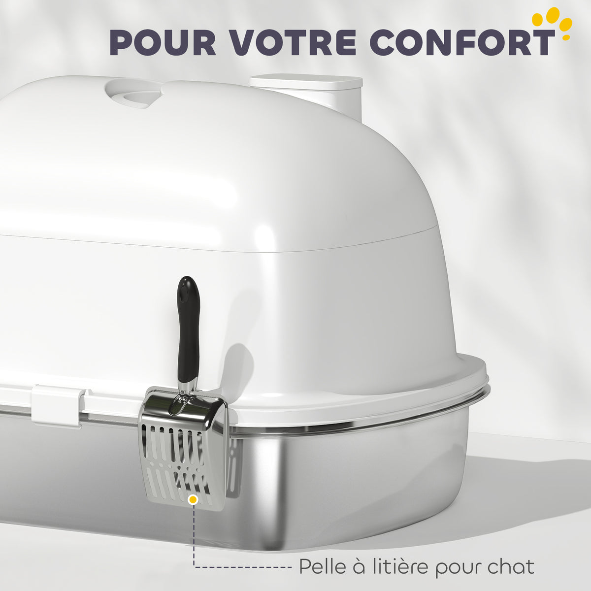 Maison de toilette pour chat bac à litière fermé bac acier inoxydable, nettoyage facile, 52,4 x 41,3 x 39,9 cm, blanc