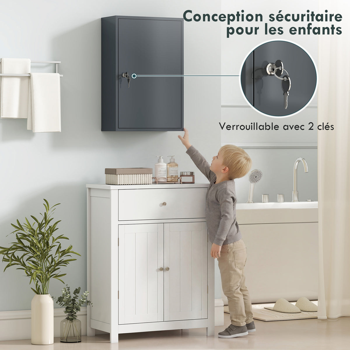 Armadietto portamedicinali a 2 ripiani, 3 livelli, chiudibile a chiave, dim. 40L x 18P x 60A cm, 2 chiavi, metallo, grigio fumé
