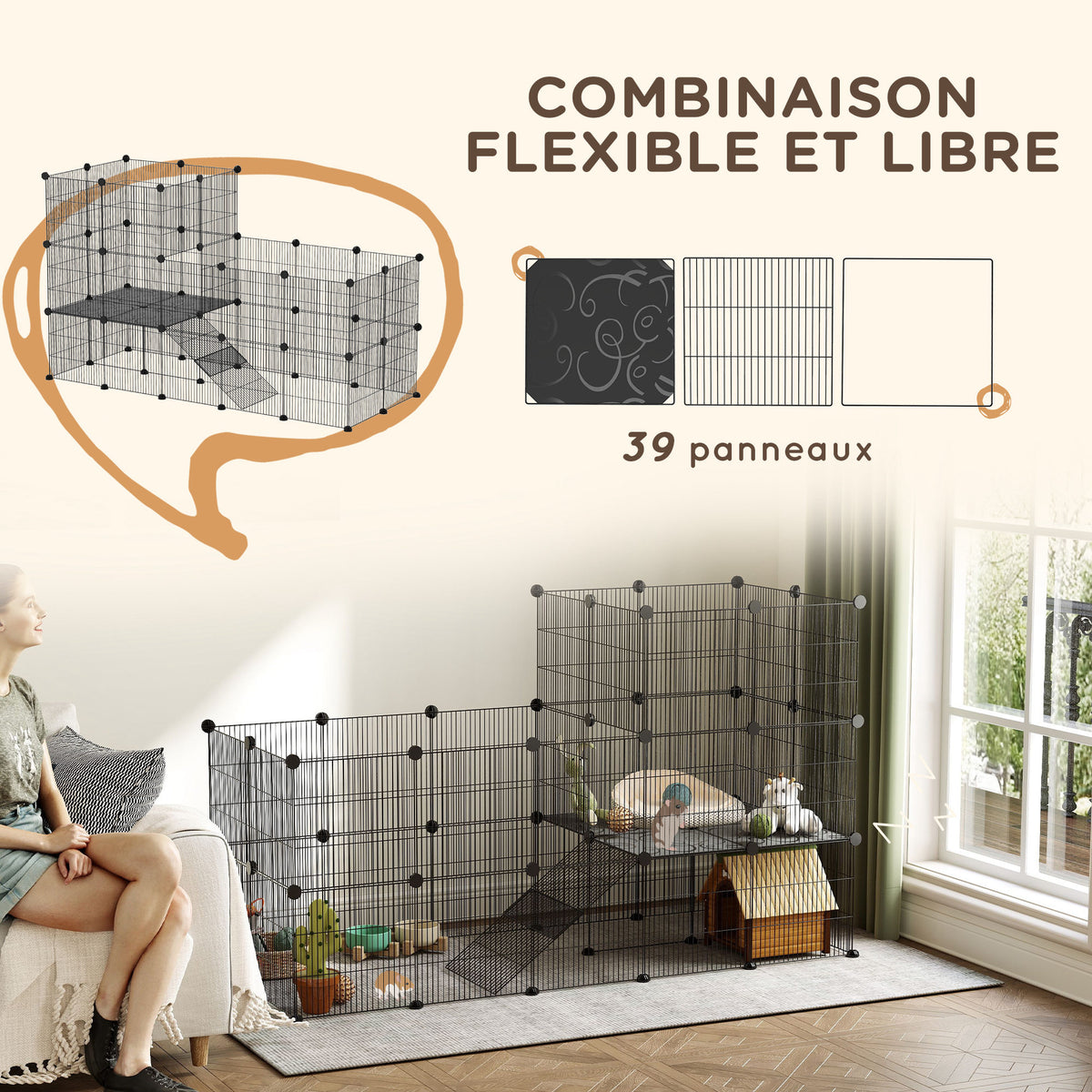 Dierenren voor kleine dieren, modulaire konijnenkooi met 2 niveaus, 39 panelen met helling, staal, 140 x 70 x 105 cm, zwart