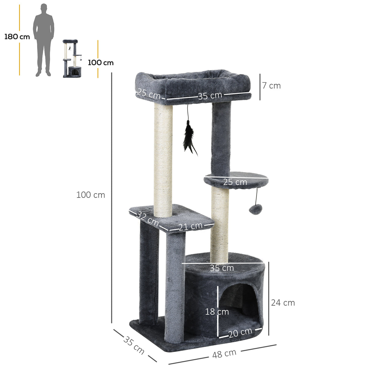 Arbre à chats avec griffoirs grattoirs sisal naturel centre d'activités niche plateformes 2 jouets suspendus gris