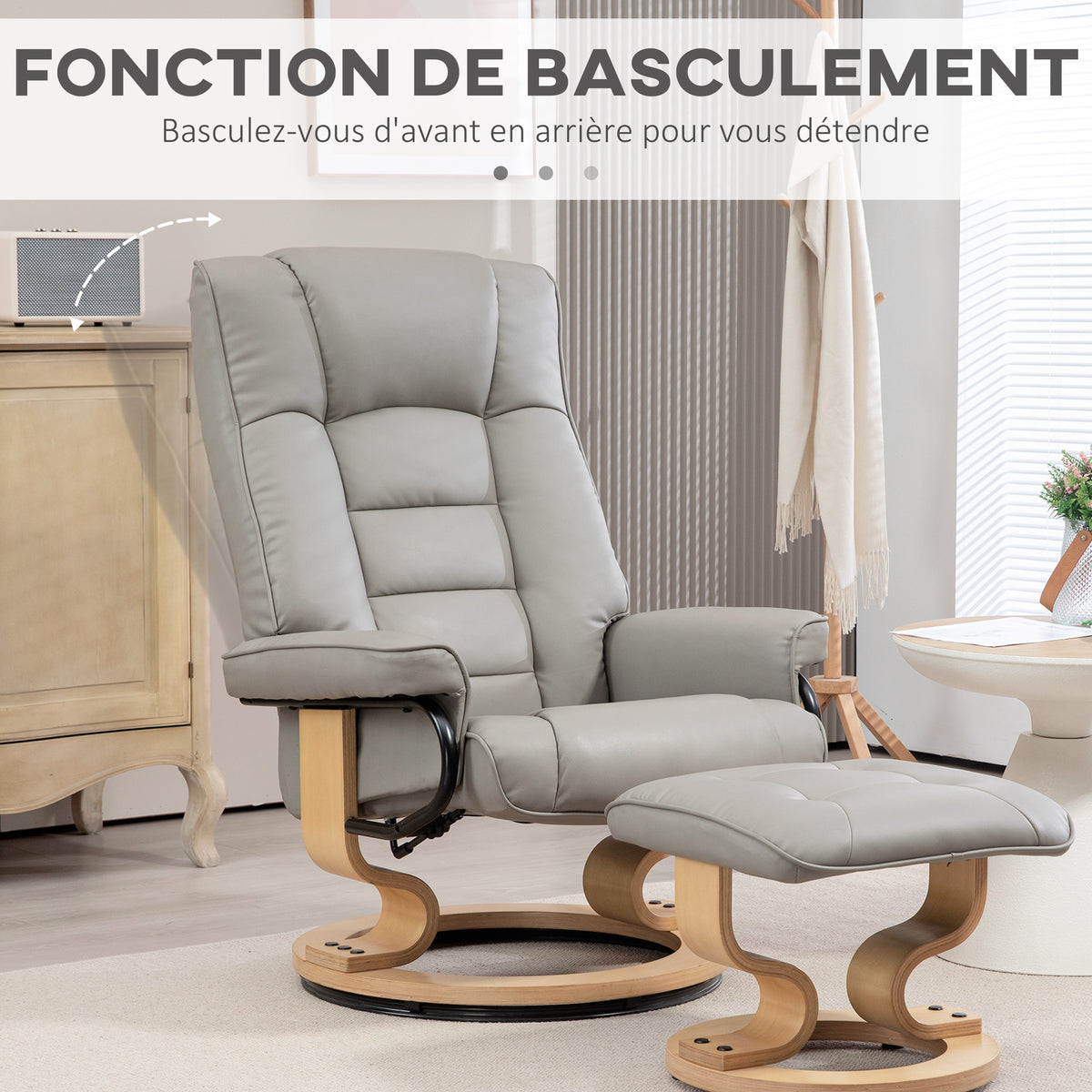 Poltrona relax reclinabile con poggiapiedi, girevole, struttura in legno, rivestimento sintetico grigio