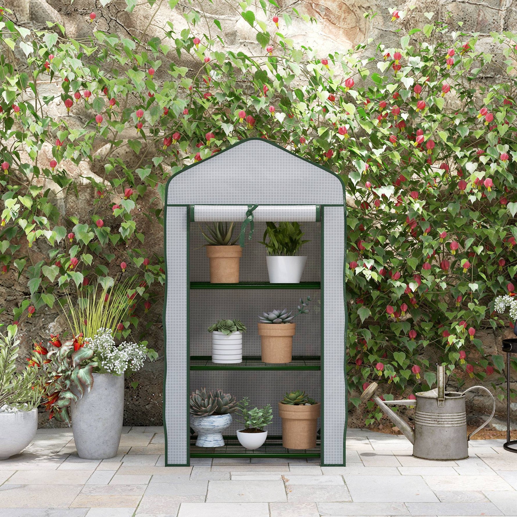 Serre de Jardin étagère 3 Niveaux dim. 59L x 39l x 127H cm métal thermolaqué Vert PE Haute densité 140g/m² Blanc