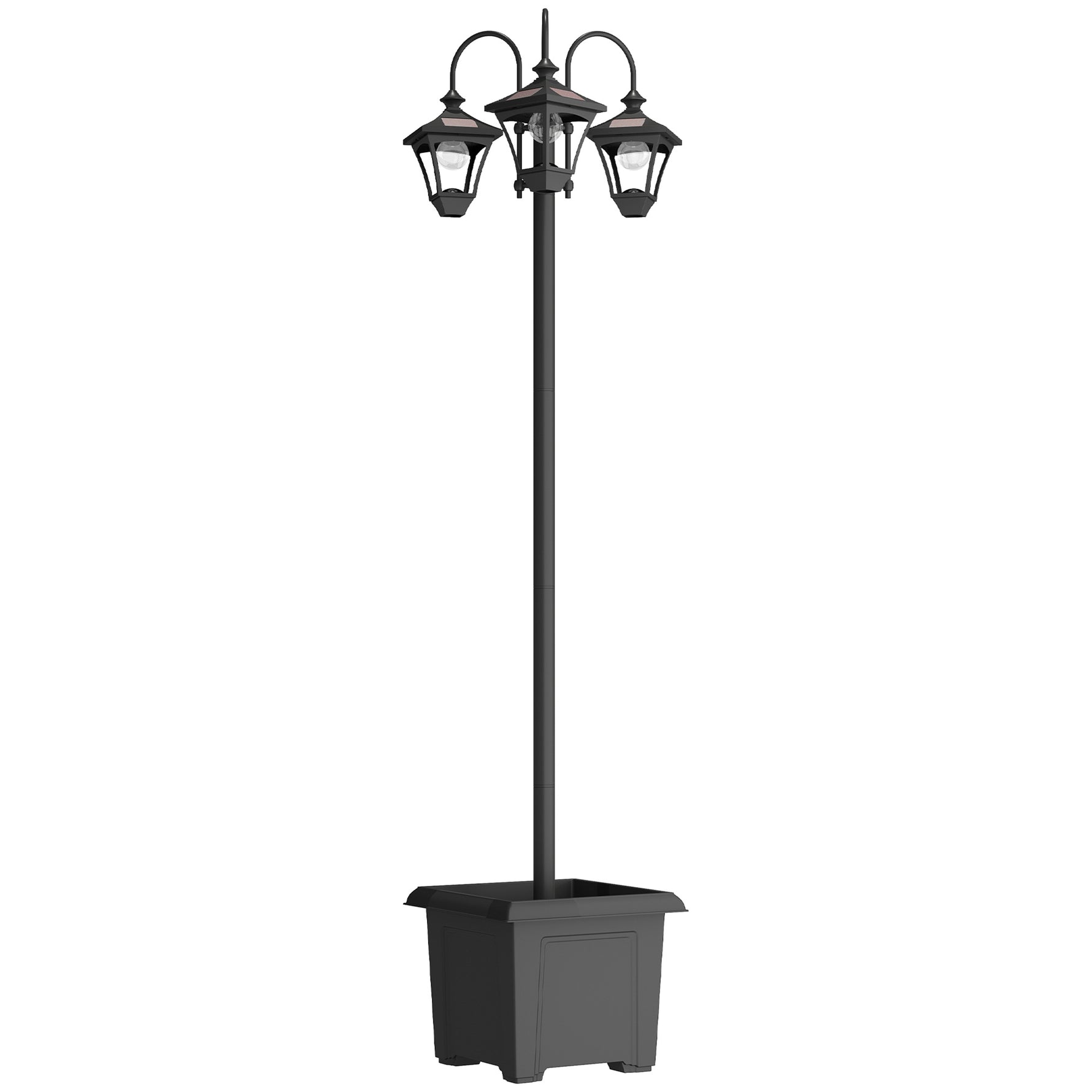 Lampadaire Extérieur sur Pied à 3 Têtes avec Bac à Fleurs, Capteur Automatique Crépuscule à L'aube, 52x52x185cm, Noir