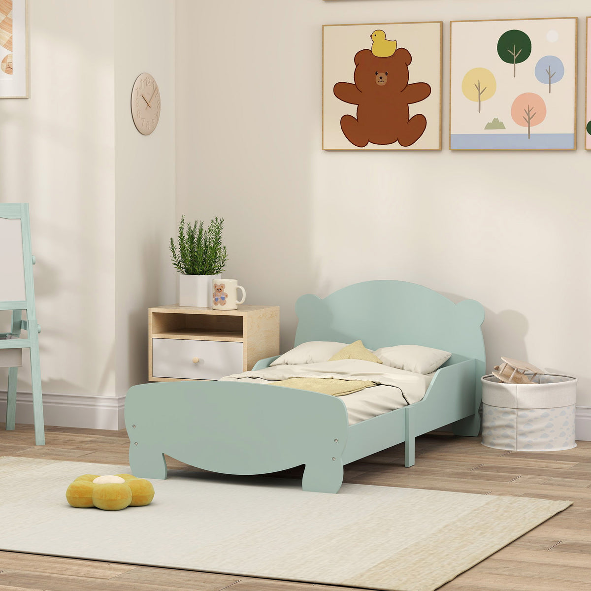 Lit enfant 70x140 cm avec barrières de sécurité thème d'ours pour garçons, filles, âgés de 3 à 6 ans, vert