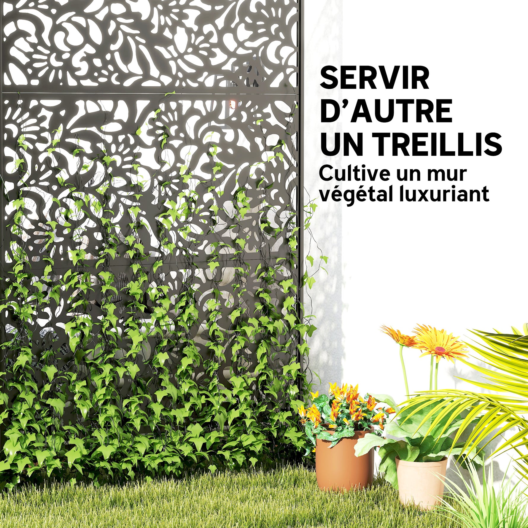 Panneau Brise Vue décoratif Extérieur Claustra Décoratif Jardin 3 Panneaux à motif floral Acier 122 x 45 x 198 cm Noir