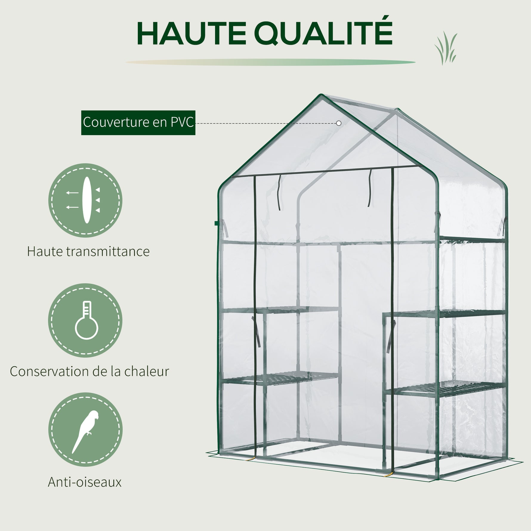 Serre de jardin 4 tablettes acier PVC haute densité 140 g/m² anti-UV 142 x 73 x 195 cm transparent vert