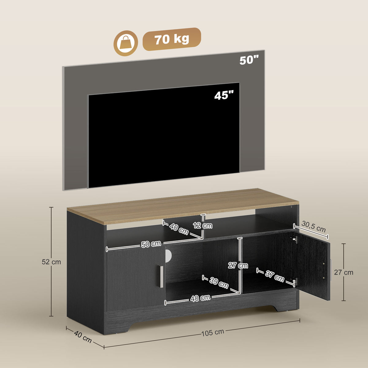 Meuble TV banc TV en bois avec 2 niches 2 armoires à porte une armoire ouverte 105 x 40 x 52 cm effet bois noir