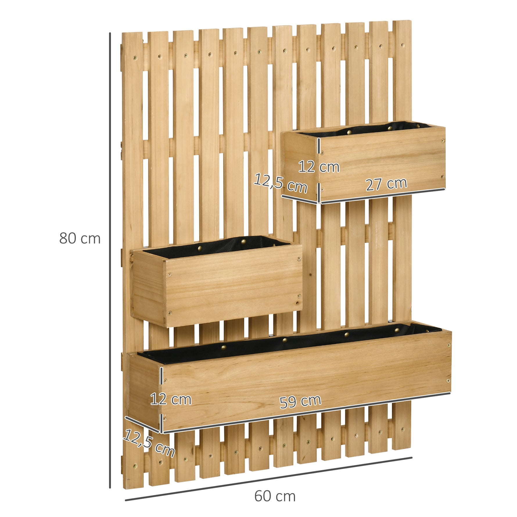 Jardinière murale potager avec 3 bacs en bois massif amovibles 60 x 16 x 80 cm