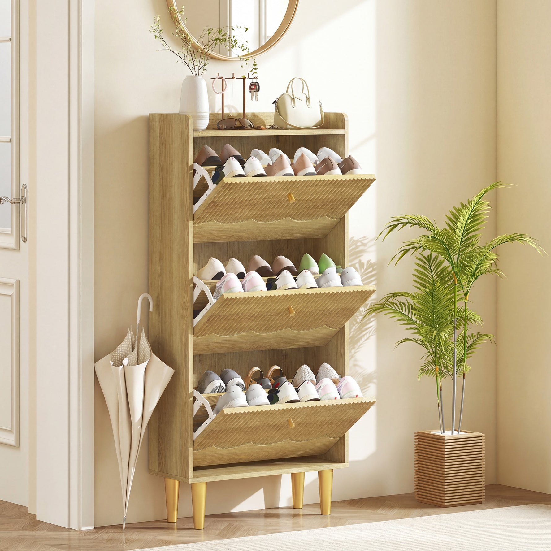 Meuble à chaussures 18 paires, armoire à chaussures étroite, 3 tiroirs rabattables étagères réglables, 60x24x128cm, chêne