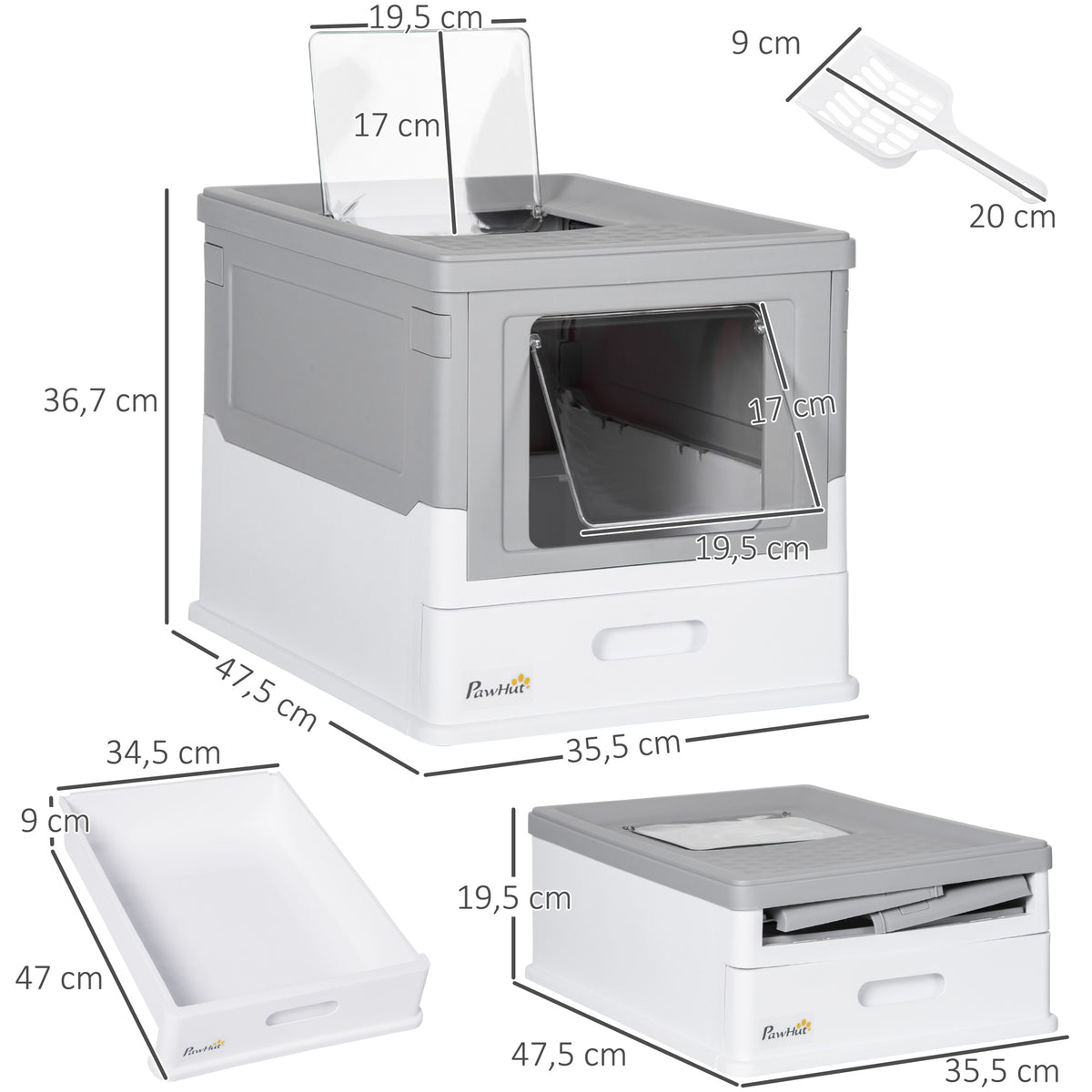 Maison de toilette pour chat pliable double porte battante et supérieure pelle fourni 47,5 x 35,5 x 36,7 cm gris