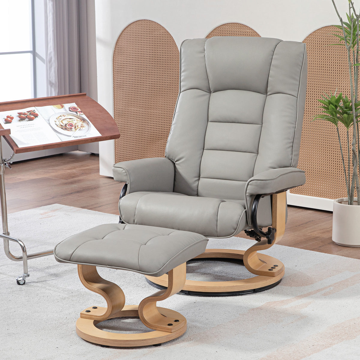Poltrona relax reclinabile con poggiapiedi, girevole, struttura in legno, rivestimento sintetico grigio