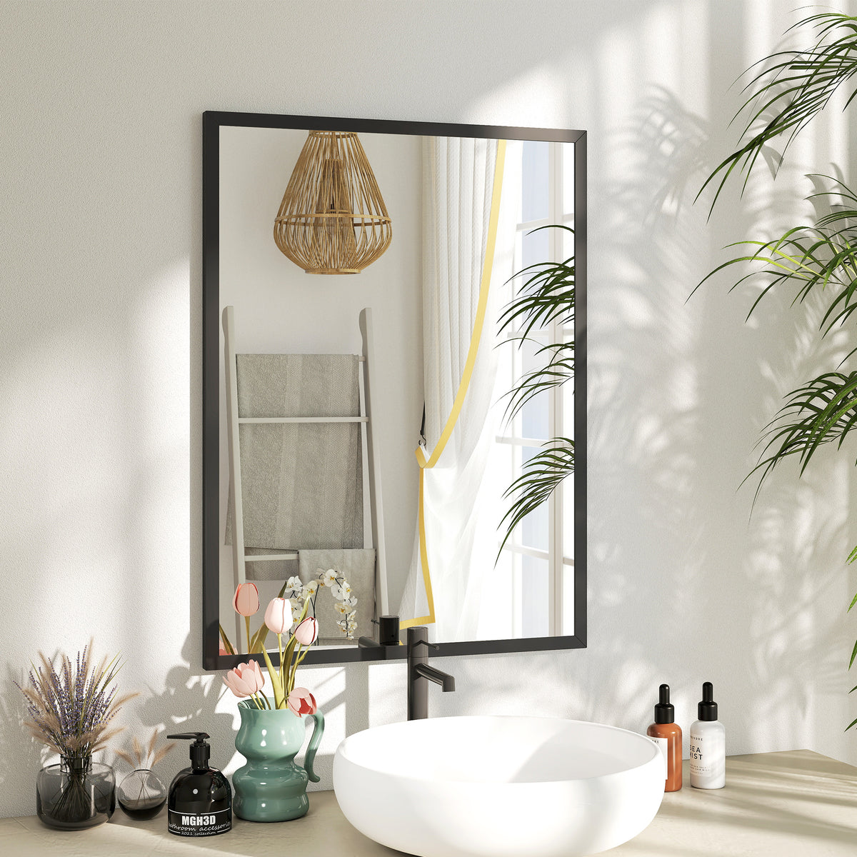 Miroir mural rectangulaire 80 x 60 cm, cadre en bois noir, idéal pour la salle de bain, salon ou chambre