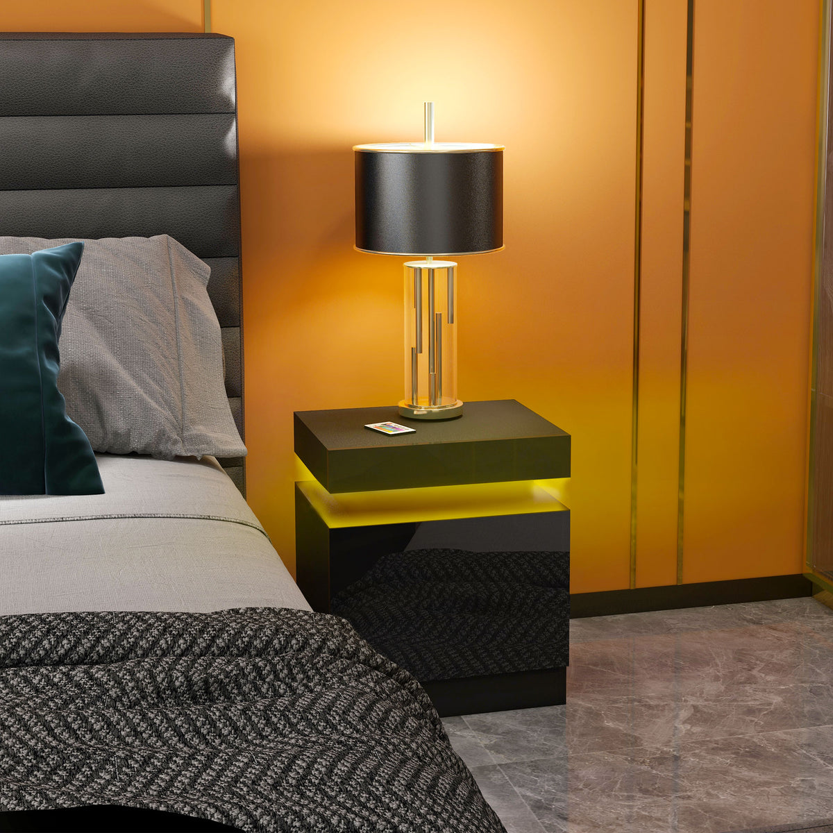 Comodino tavolino da notte con luce LED RGB, pannello lucido con 2 cassetti per soggiorno camera da letto nero