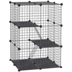 Enclos pour petits animaux, cage à lapin modulable 3 niveaux, 39 panneaux avec  rampes, en métal, 70 x 70 x 105 cm, noir