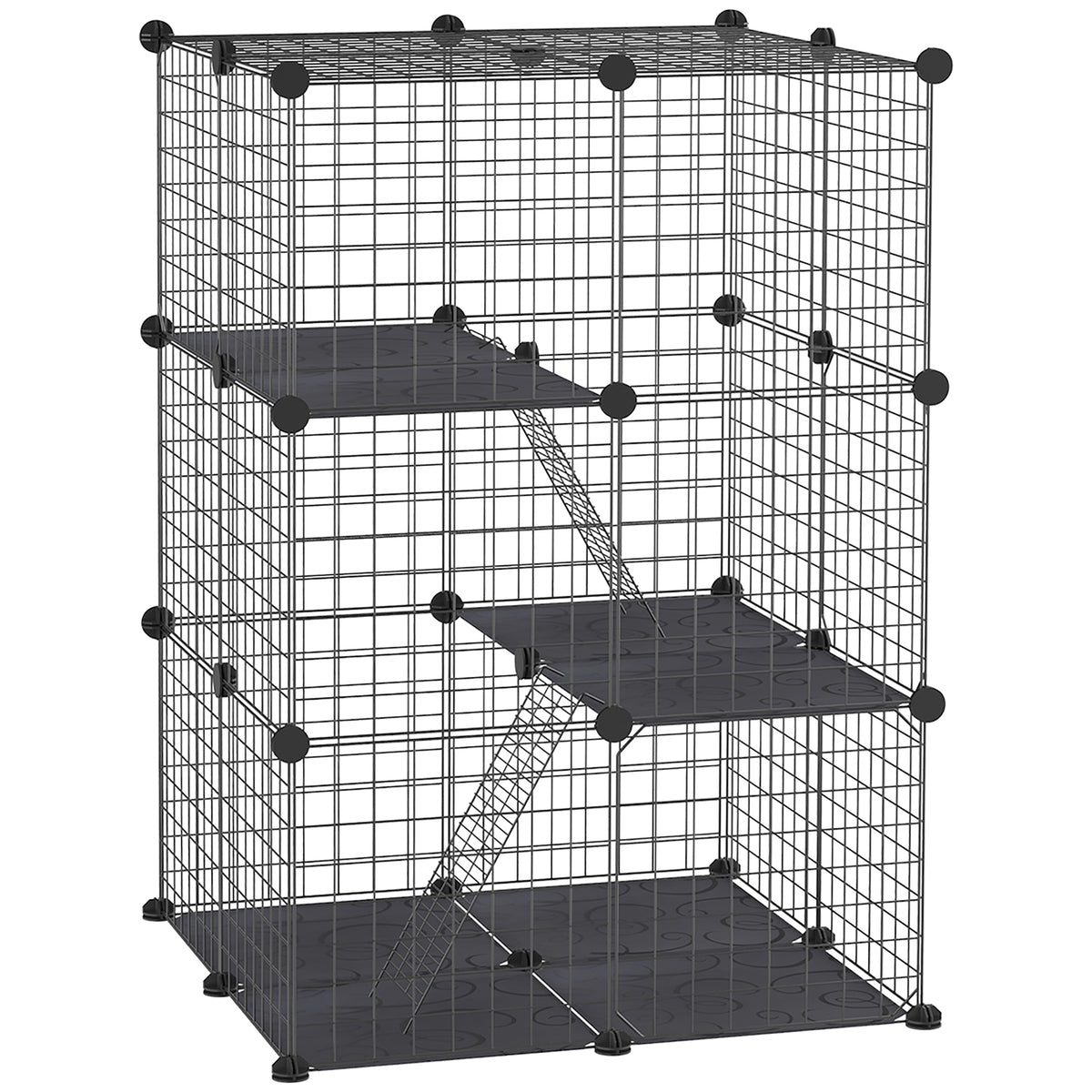 Enclos pour petits animaux, cage à lapin modulable 3 niveaux, 39 panneaux avec  rampes, en métal, 70 x 70 x 105 cm, noir