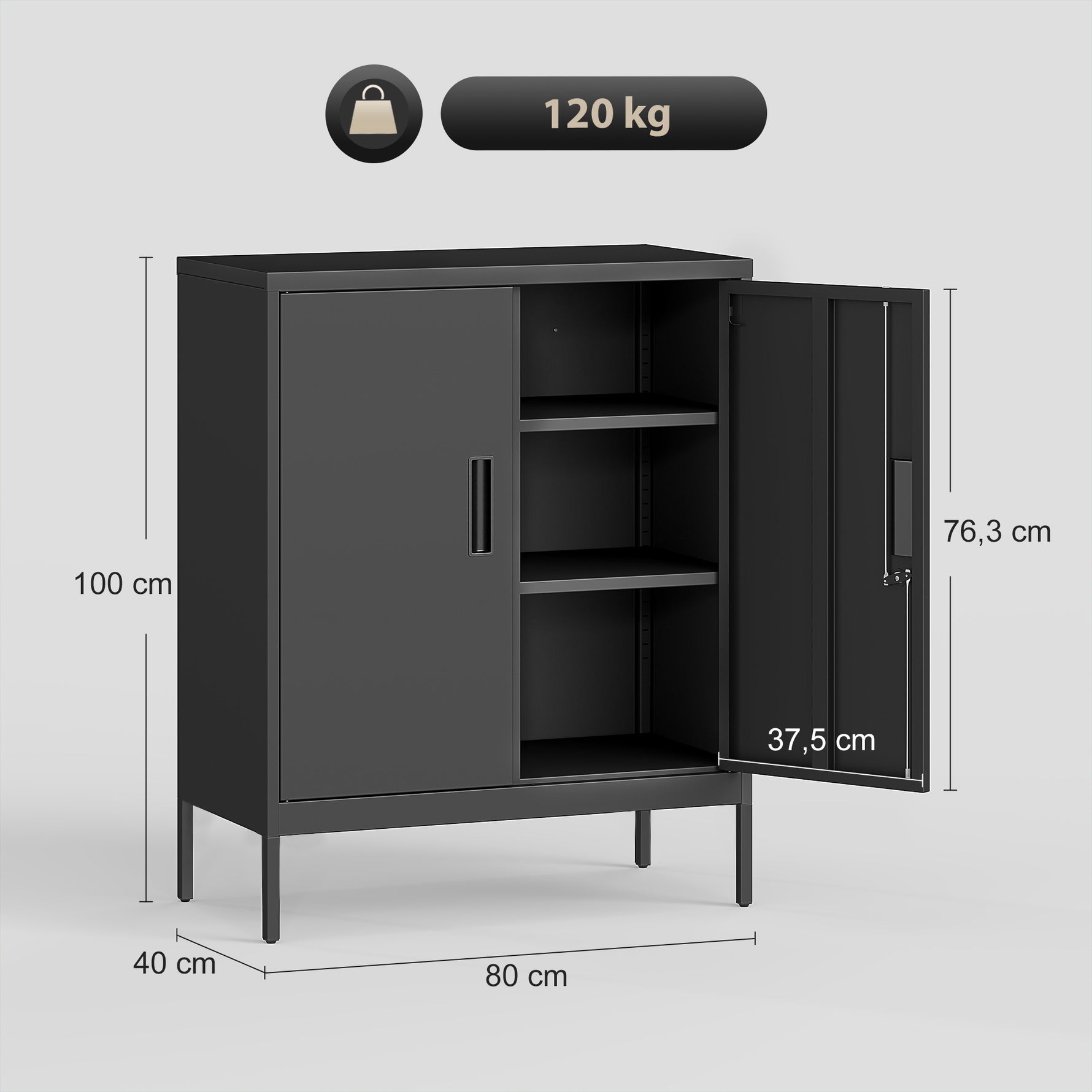 Armoire de Bureau Métallique, 80 x 40 x 100 cm, Meuble de Rangement, Serrure, 2 Portes et 2 Étagères Réglables, Noir