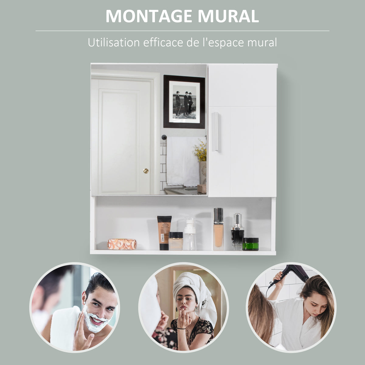 Armoire murale miroir de salle de bain avec portes et étagère réglable - dim. 54L x 15,2l x 55,3H cm blanc
