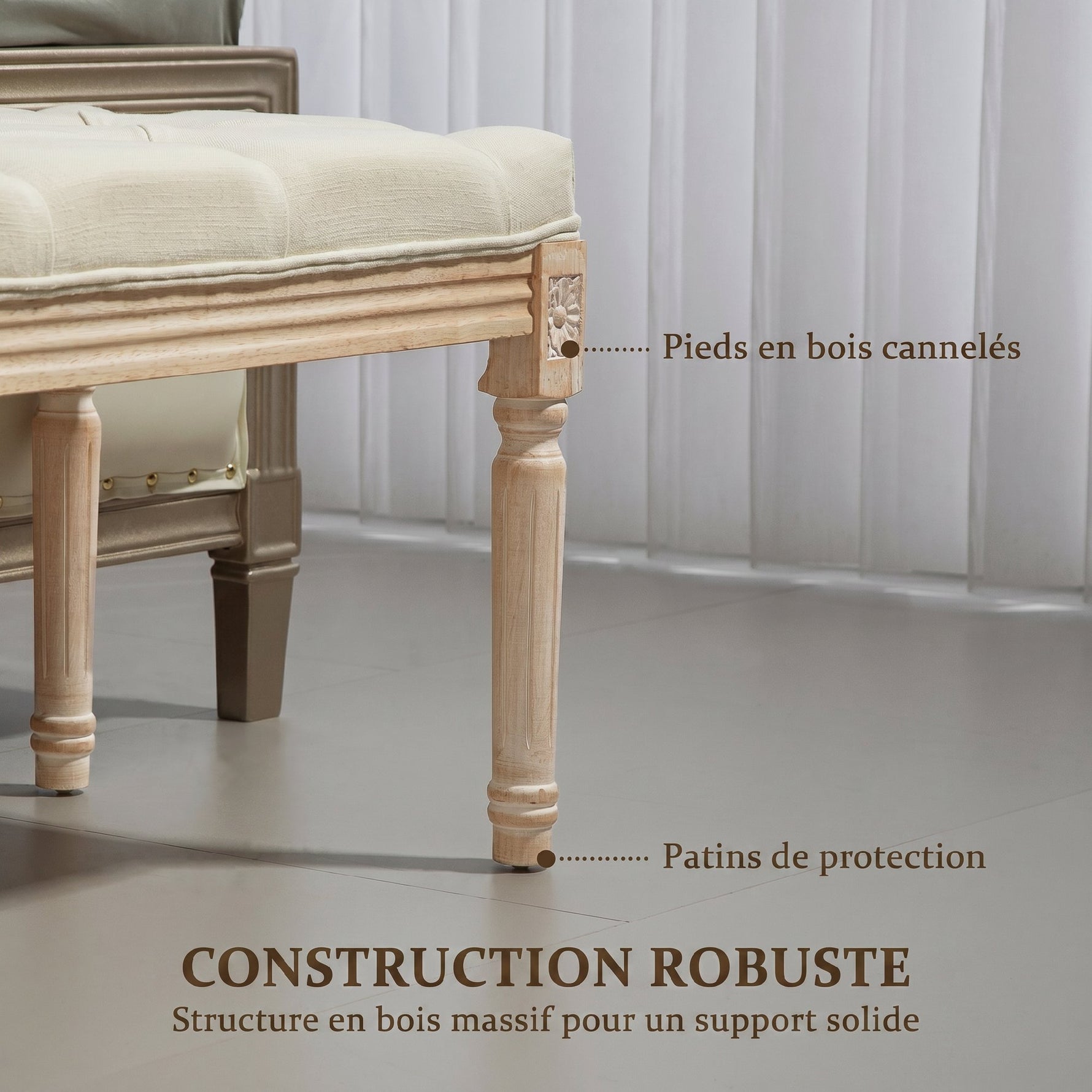 Banc Banquette classique capitonné 115cm bout de lit Rembourrée en lin - bois d'hévéa sculpté, patiné - crème