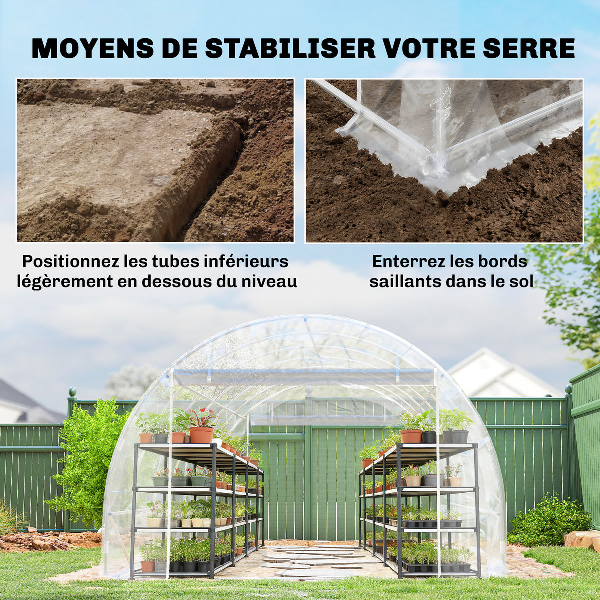 Serre tunnel de jardin 18m² serre de jardin tunnel 296x597x199cm cadre acier galvanisé, bâche PE 150g/m² transparent