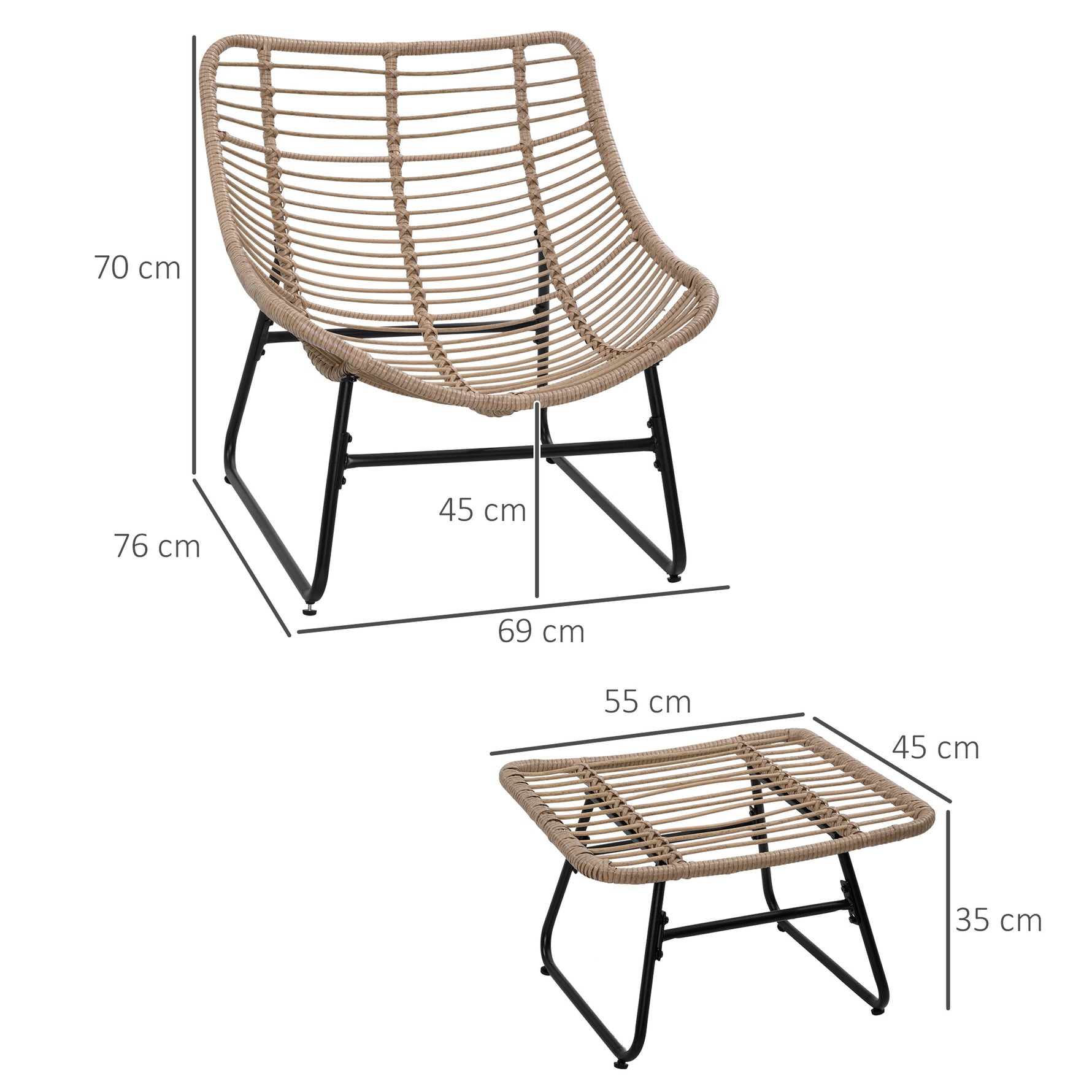 Fauteuil chaise de jardin avec repose-pieds en métal époxy et résine tressée aspect rotin avec coussins