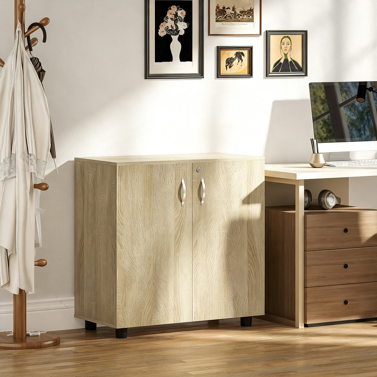 Armoire de bureau à 2 niveaux, meuble de rangement bureau avec 2 portes, serrures et clés, 80x40x80cm, chêne