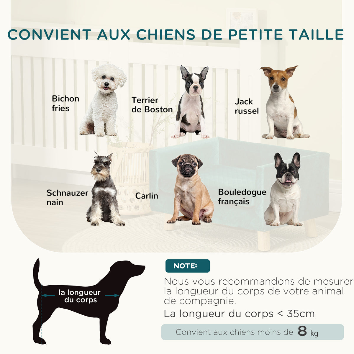 Canapé chien lit pour chien design scandinave coussin moelleux pieds bois massif dim. 64 x 45 x 36 cm velours bleu canard