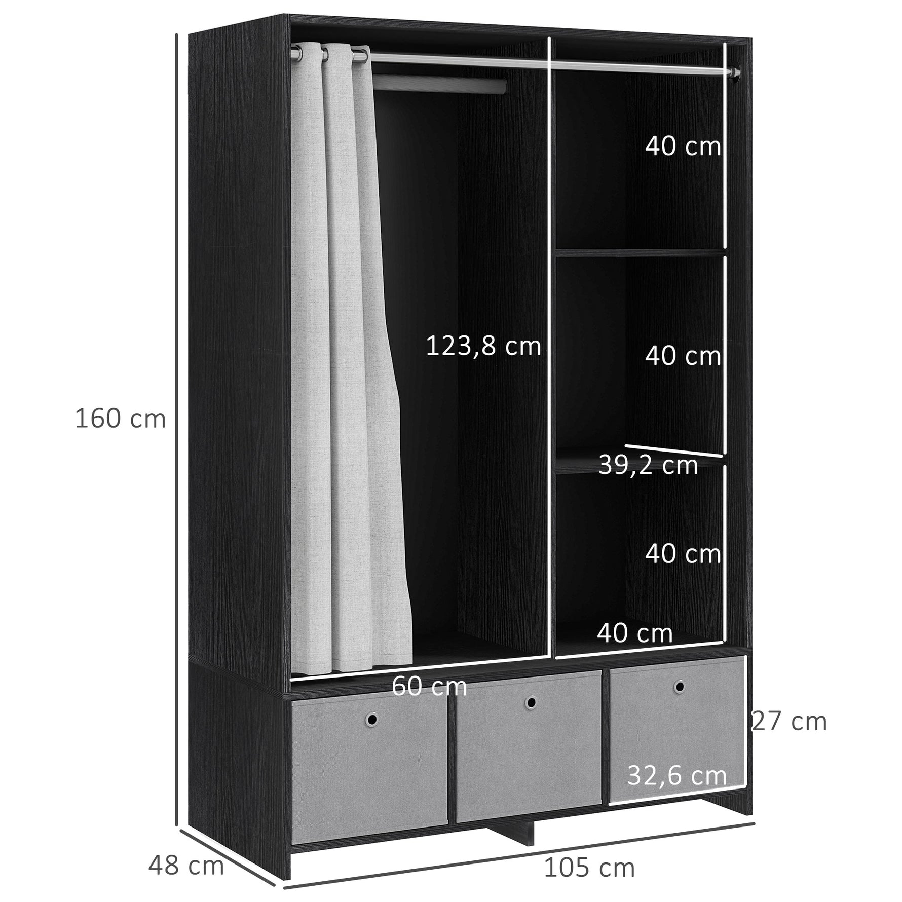Armoire penderie armoire de rangement avec tringle rideaux 3 niches et 3 tiroirs en tissu amovibles 105 x 48 x 160 cm