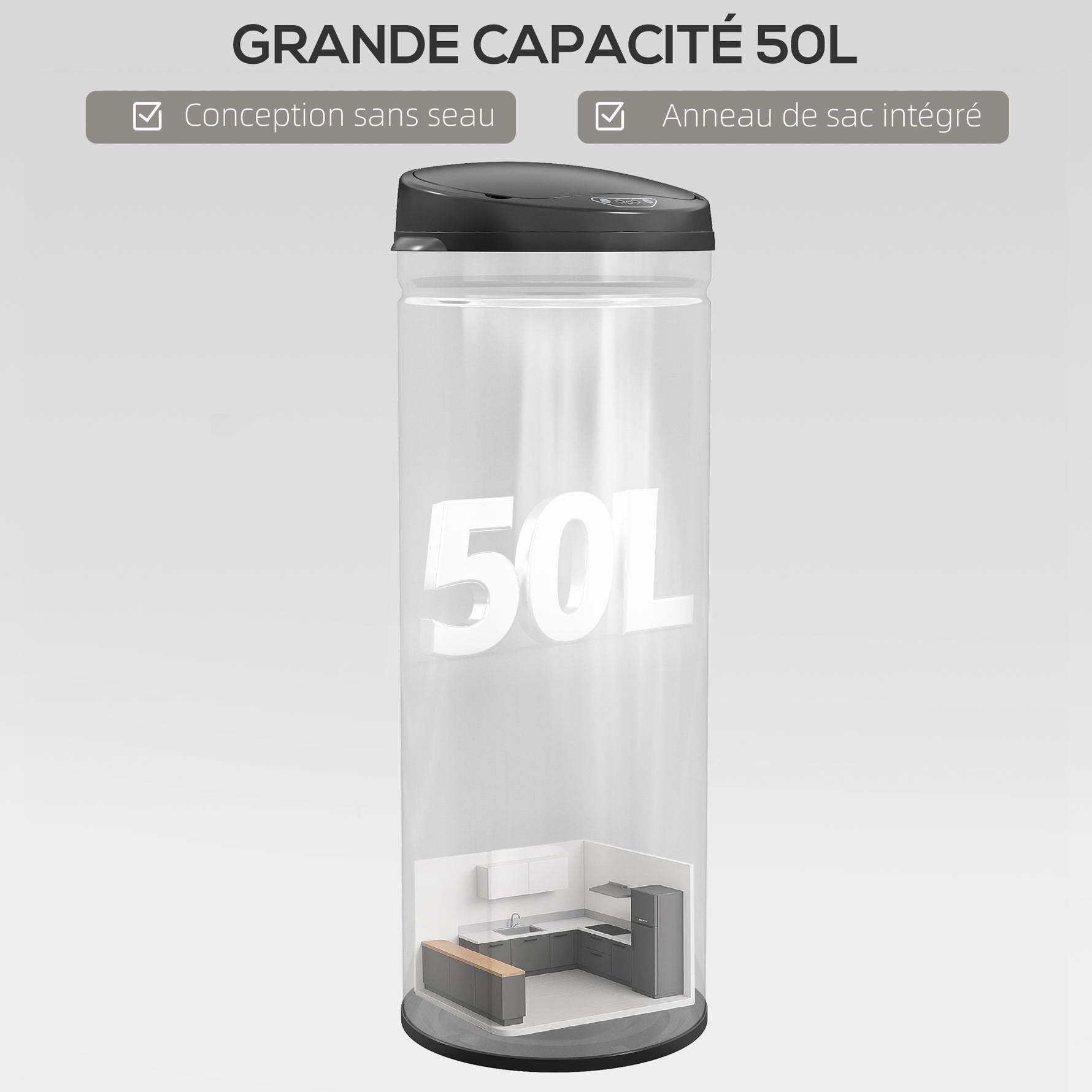 Poubelle cuisine automatique 50L acier inoxydable, poubelle à couvercle à fermeture en douceur, 30,5x30,5x85cm, argent