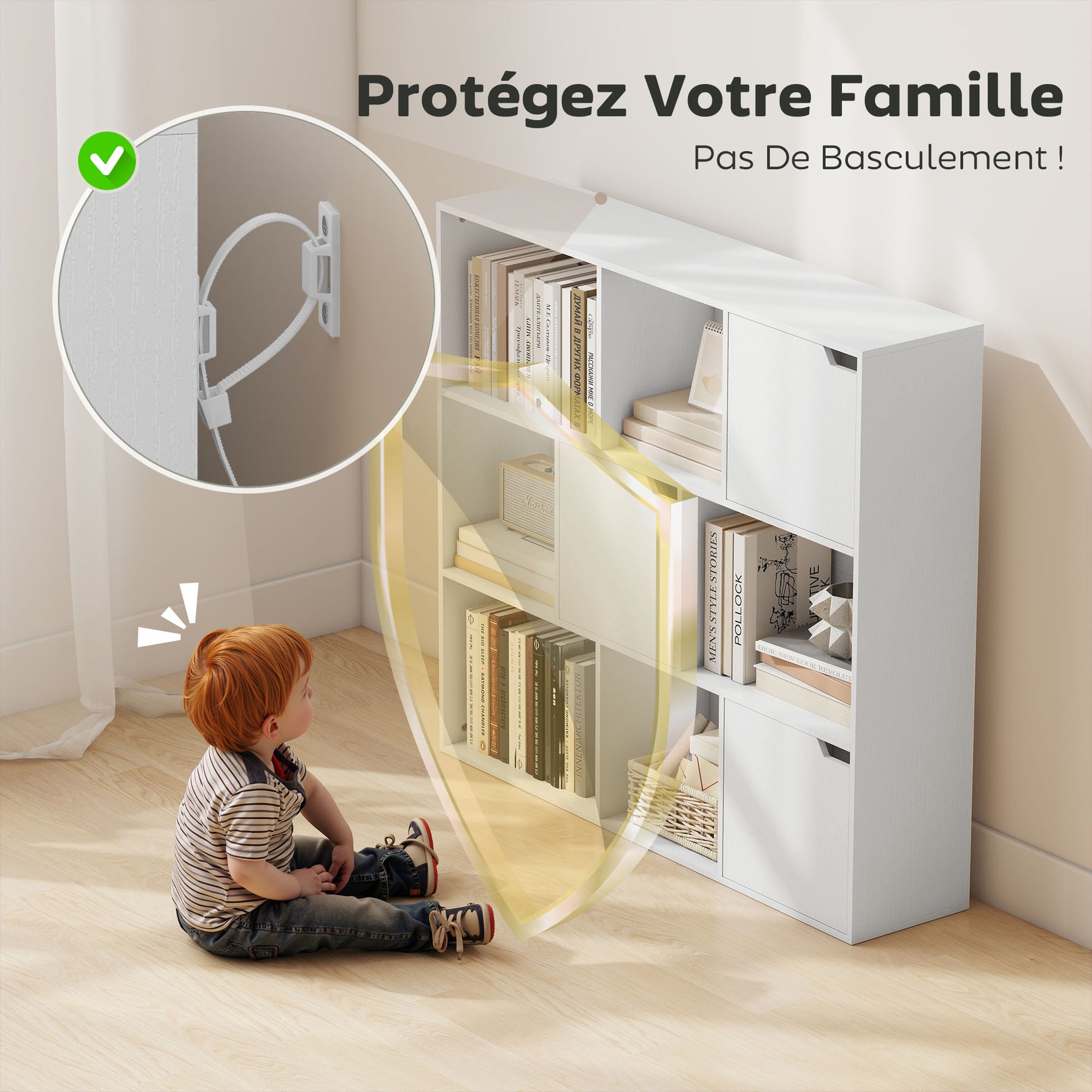 Bibliothèque étagère de rangement 9 cubes avec 3 portes et 6 compartiments ouverts, 106 x 24 x 95 cm, blanc