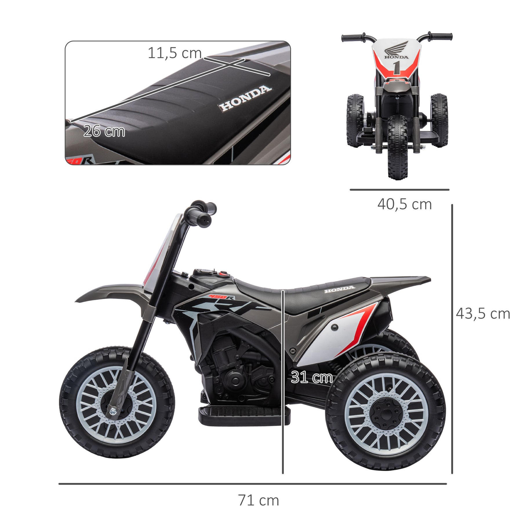 Moto cross éléctrique pour enfant licence Honda CRF450RL 3 roues batterie 6V enfants 18-36 mois gris