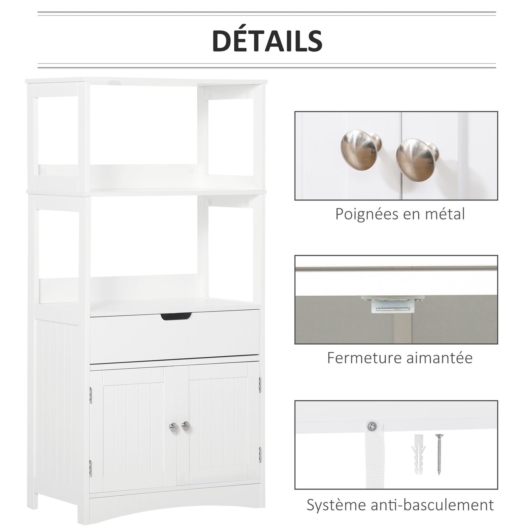 Meuble de Rangement Salle de Bain - 2 Portes, tiroir, 3 étagères - dim. 60L x 33l x 122H cm - MDF Blanc