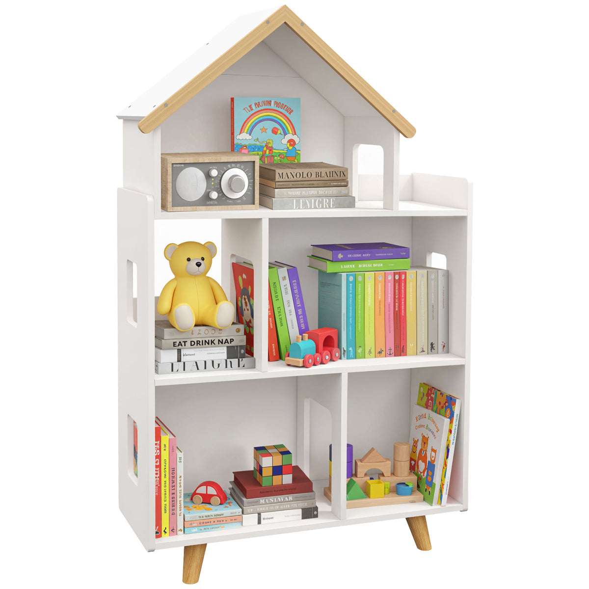 Libreria a forma di casetta per bambini, scaffale portaoggetti per giocattoli e libri, 3 livelli, 65 x 25 x 108,5 cm, bianco e naturale