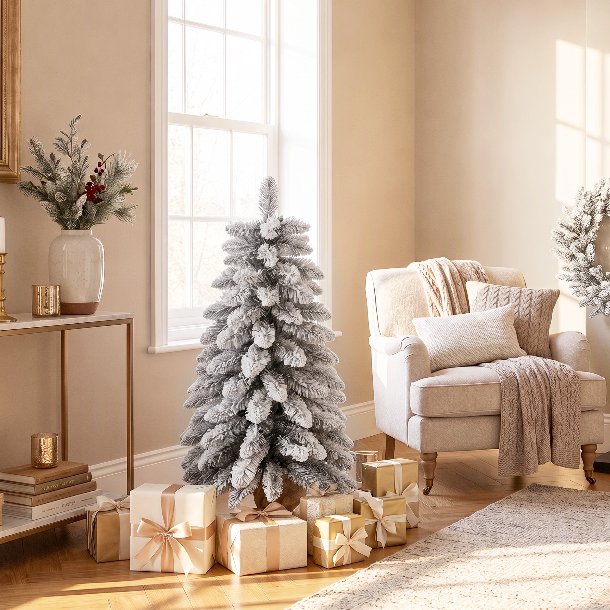 Künstlicher Weihnachtsbaum 90 cm, 107 schneebedeckte Zweigspitzen aus PVC, Jutesack-Basis, schneller Aufbau, Weiß