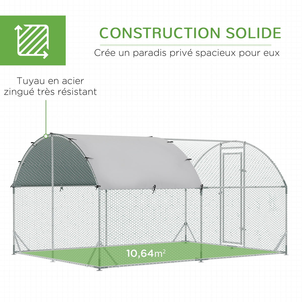 Grande voliera per polli 10,64 m² recinto recintato tetto anti-UV porta bloccabile 2,8 x 3,8 x 1,97 m argentato