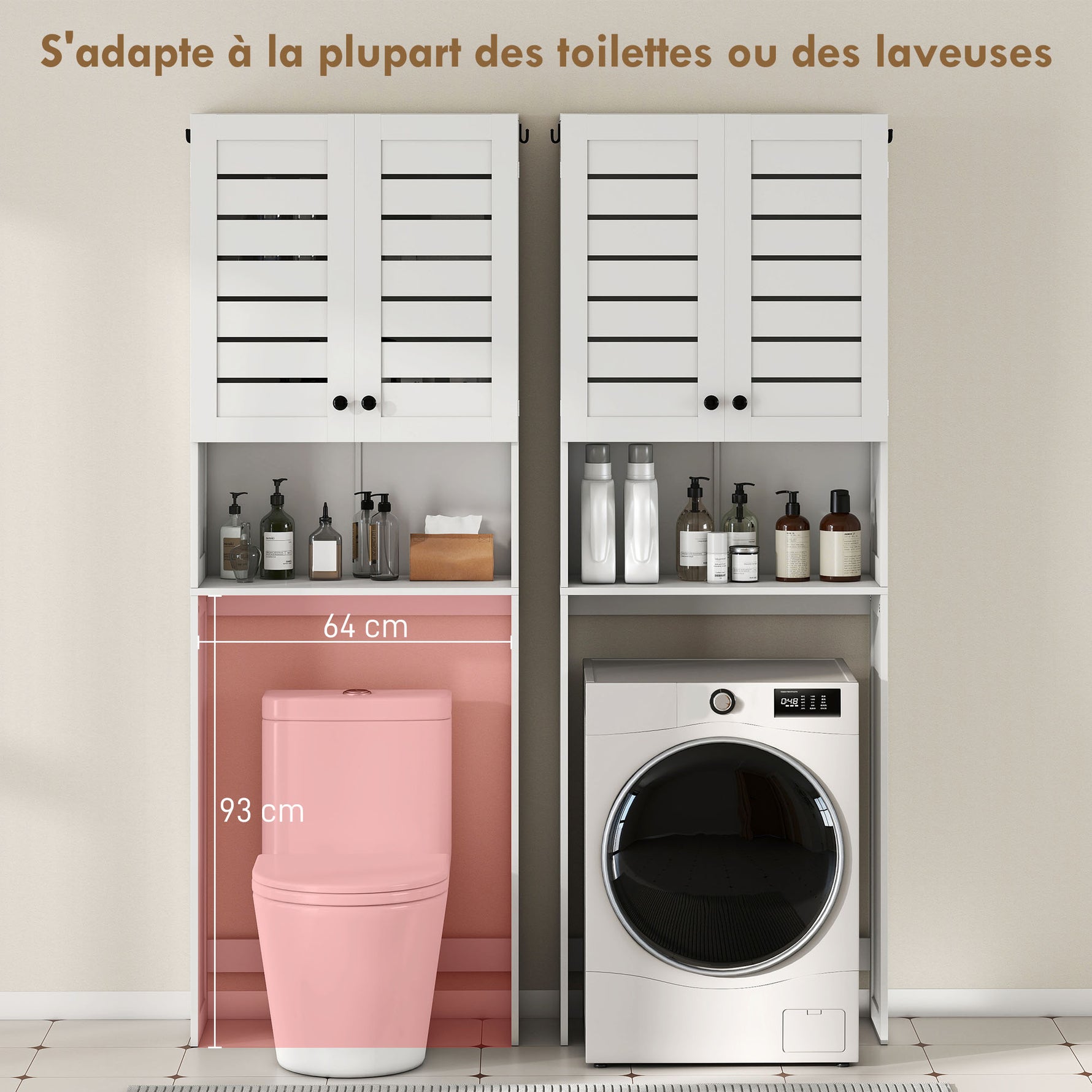 Meuble WC dessus de toilette/machine à laver avec placard à porte double, portes à persiennes, 67x31,5x190cm, blanc