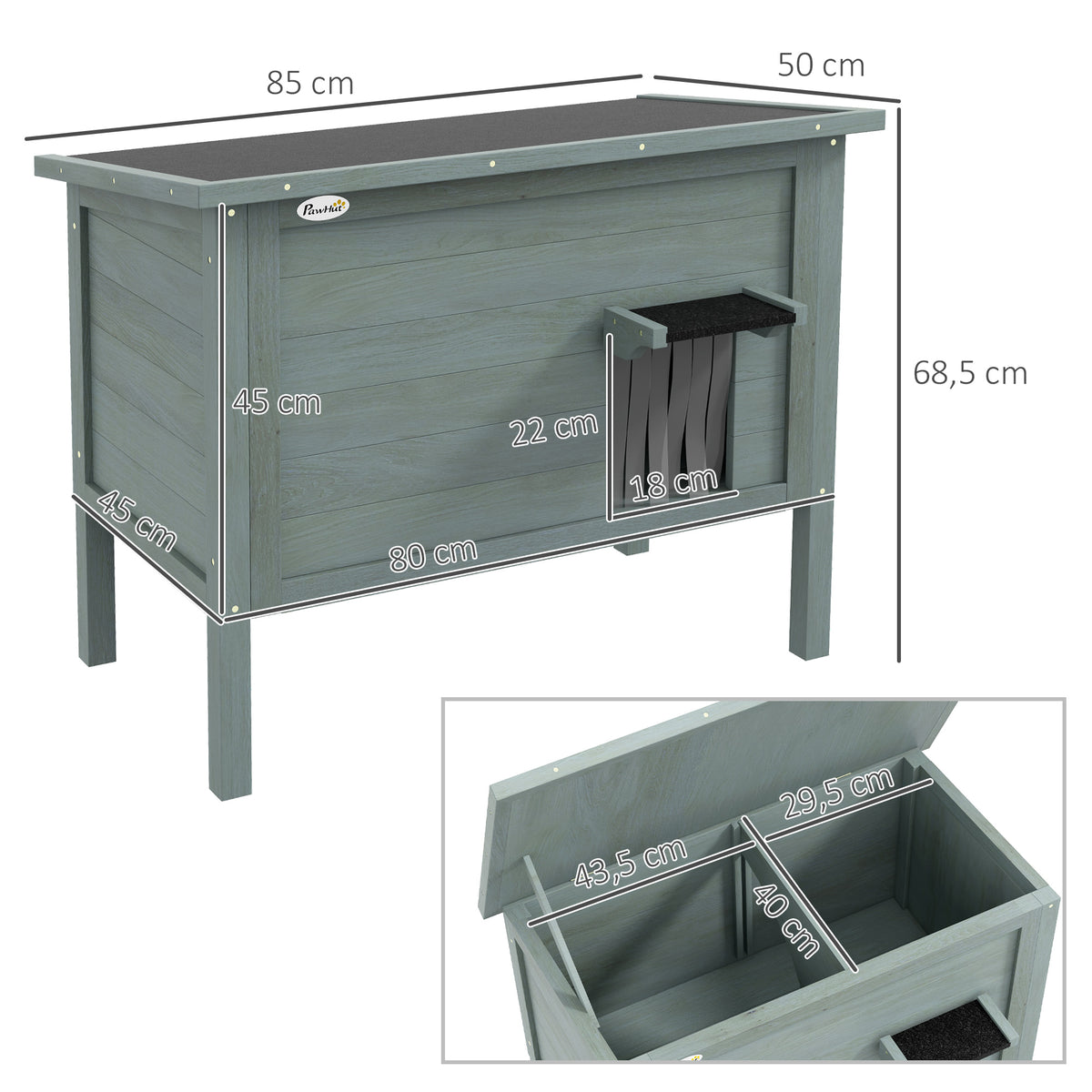 Maison pour chats niche d'extérieur en bois surélevée avec toit ouvrable isolée  85 x 50 x 68,5 cm gris foncé et noir