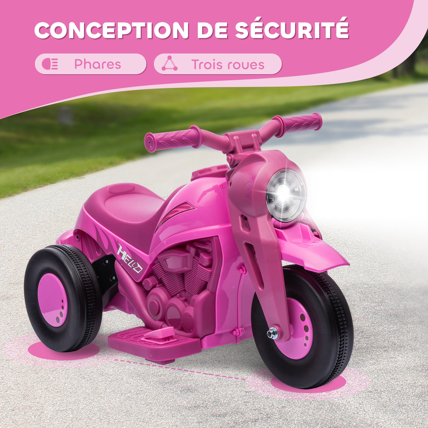 Moto électrique enfants 2-5 ans, 3 roues, 6 V, 3 km/h, avec fonction de bulles, effets lumineux et sonores, rose