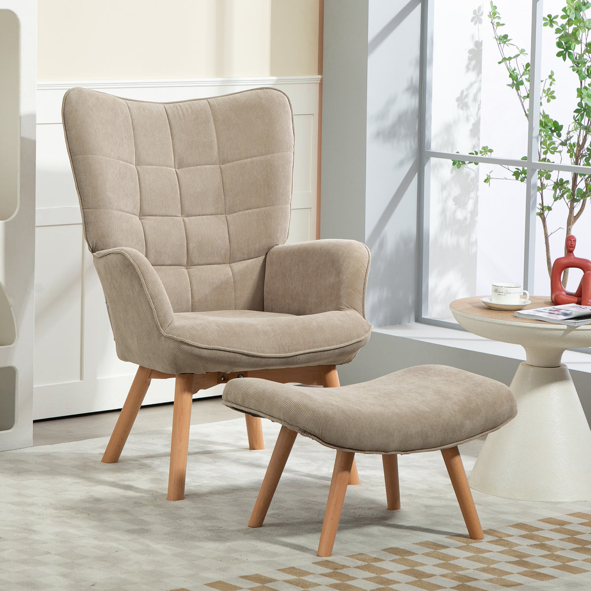 Wohnzimmersessel mit Fußhocker, gepolsterter Akzentsessel aus Cord, hohe Rückenlehne und Armlehnen, Braun