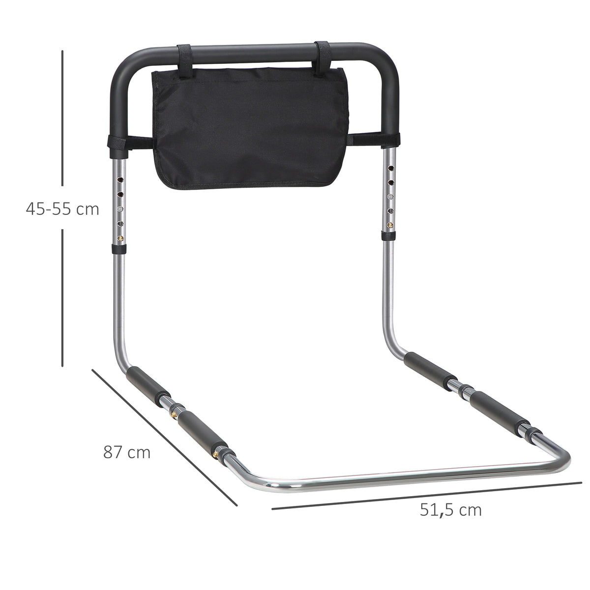 Barra de apoyo para cama, barrera segura, protector, asa ajustable en 5 alturas, bolsillo de almacenamiento, 87Lx51.5Ax45-55H cm