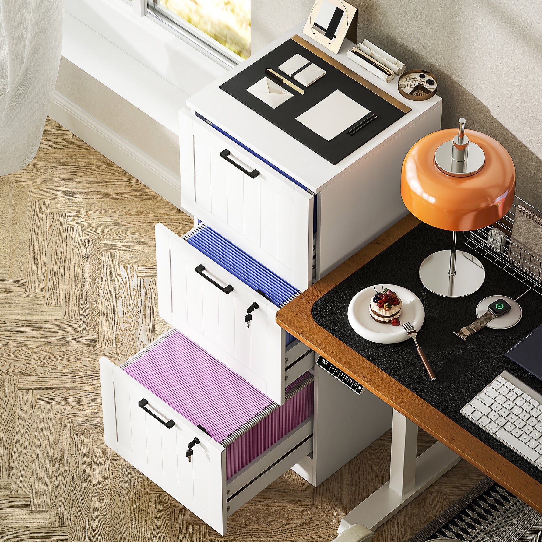Caisson bureau, meuble rangement bois 3 tiroirs et serrure, barres de suspension réglables, 40 x 40 x 101 cm, blanc
