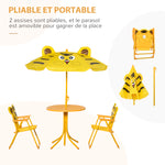 Ensemble Salon de Jardin Enfant 4 pcs Design Tigre - Table Ronde + 2 chaises Pliables + Parasol - métal époxy Oxford Jaune
