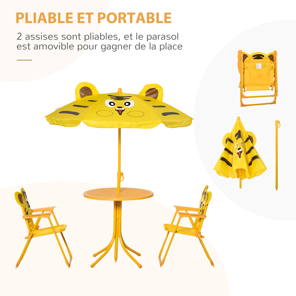 Ensemble Salon de Jardin Enfant 4 pcs Design Tigre - Table Ronde + 2 chaises Pliables + Parasol - métal époxy Oxford Jaune