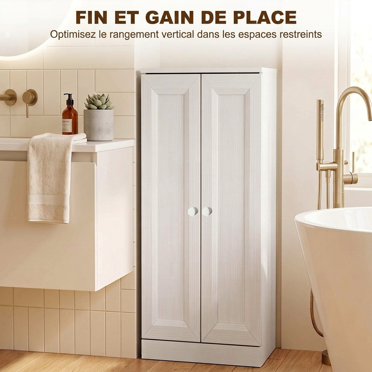 Mobiletto da Bagno Stretto, Mobile Contenitore da Terra con 2 Ante e 3 Ripiani, per Soggiorno, Camera da Letto, Bianco