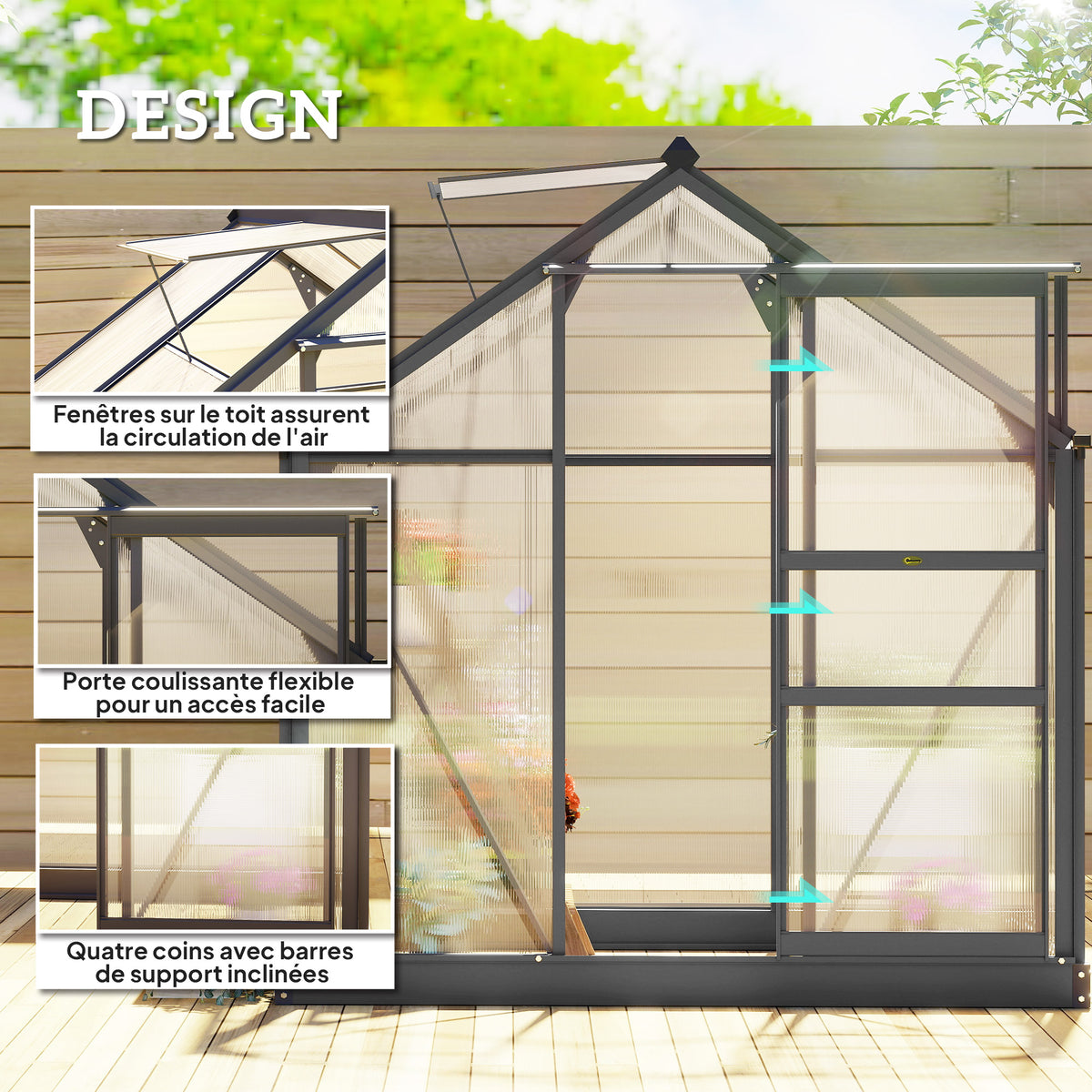 Serre de jardin polycarbonate 190 x 132 x 201 cm résistant aux UV 30+ fondation renforcé gouttière gris