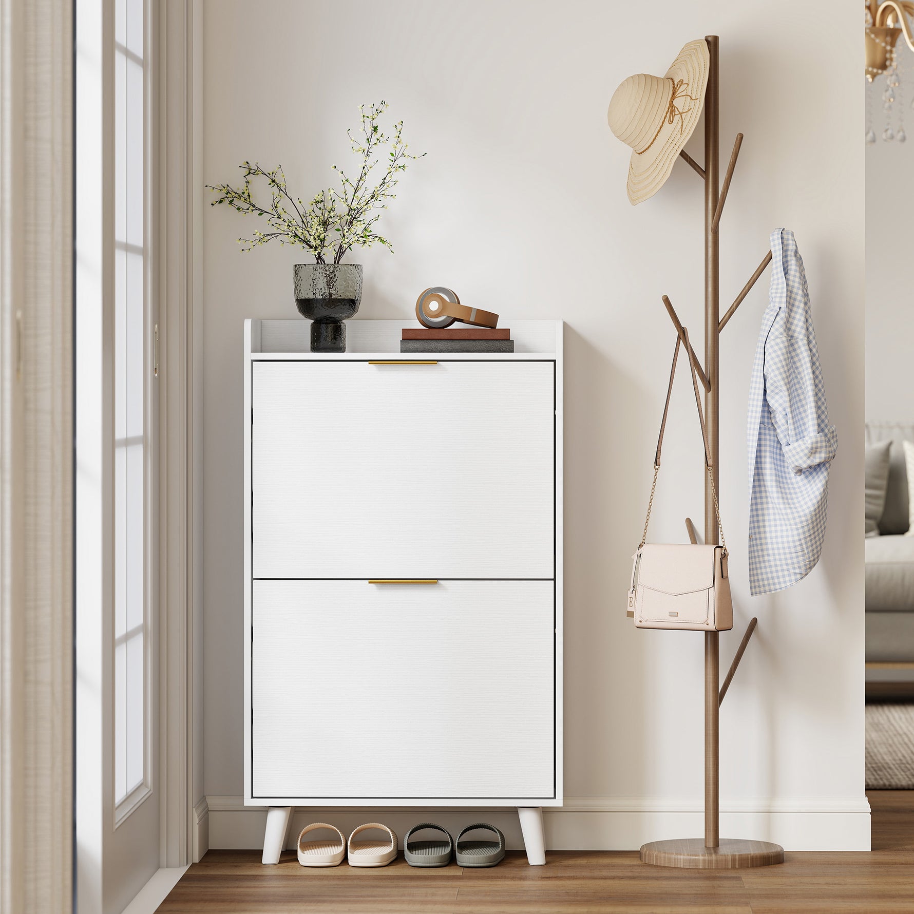 Meuble à chaussures 12 paires, armoire à chaussures étroite avec 2 tiroirs rabattables, étagères réglables, blanc