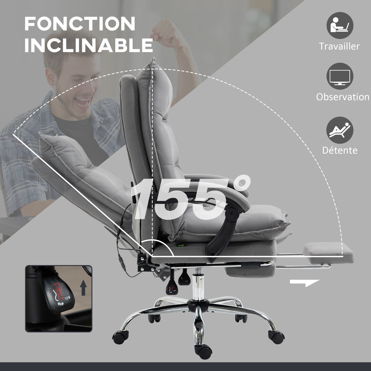 Fauteuil de bureau massant et chauffant, chaise de bureau, hauteur réglable, dossier inclinable, 66x74x121,5cm gris