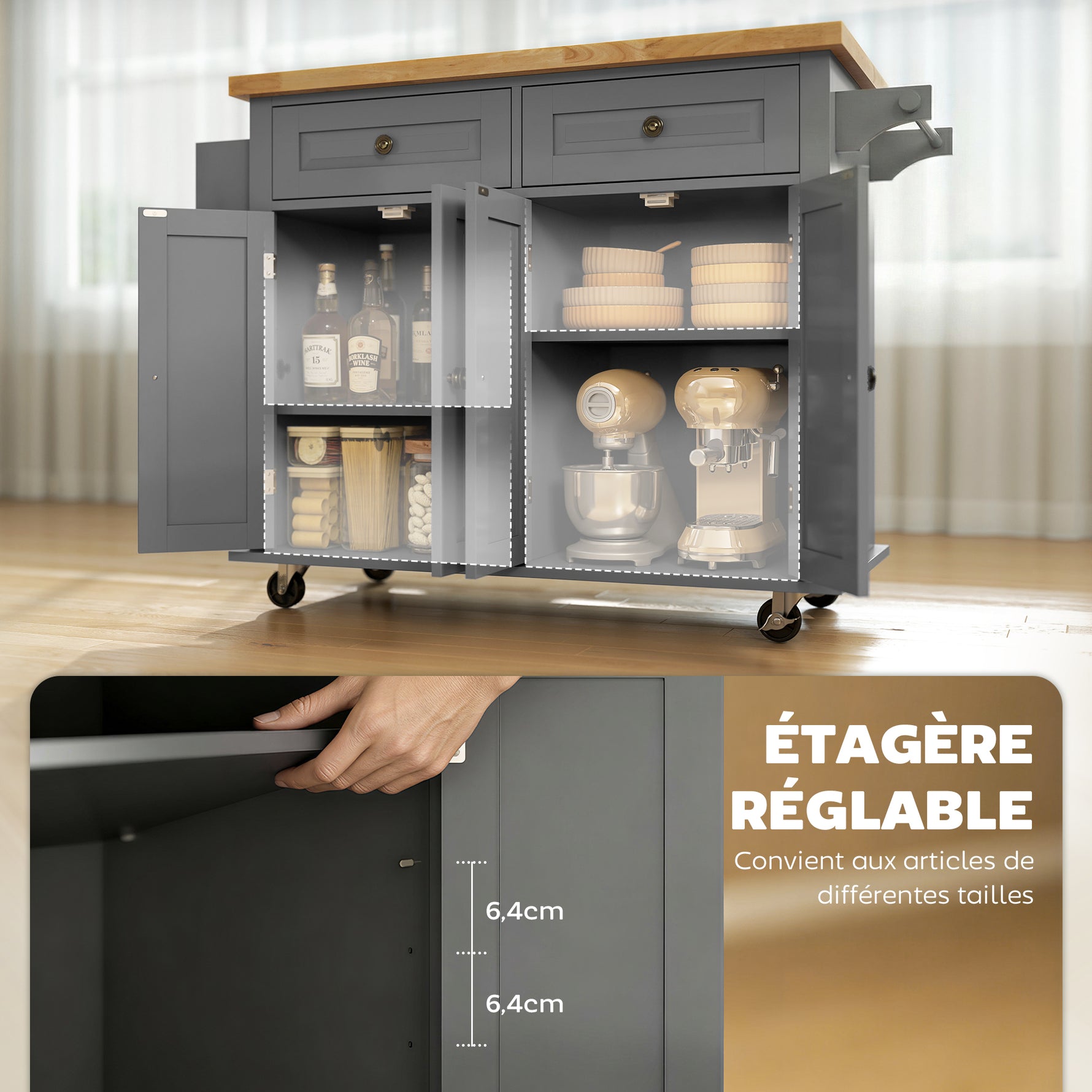 Desserte ilôt de cuisine multi rangements 2 tiroirs 2 placard 2 portes avec étagère range-bouteille