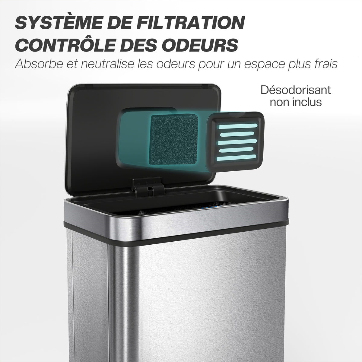 Poubelle à capteur 60 L avec couvercle à fermeture douce, poubelle de cuisine automatique en acier inoxydable, argenté