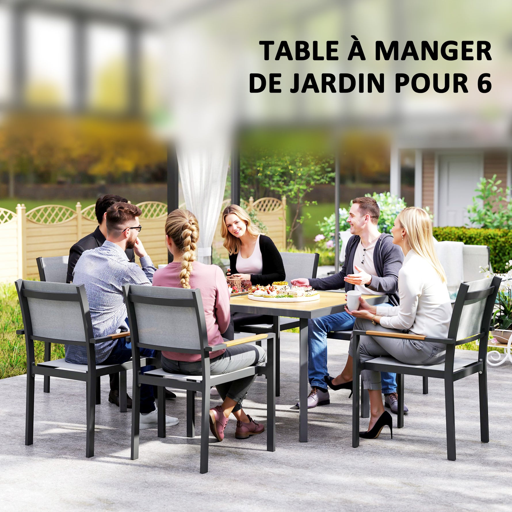 Table à manger de jardin pour 6 personnes table de jardin avec plateau effet bois en acier 150 x 90 x 72 cm bois naturel